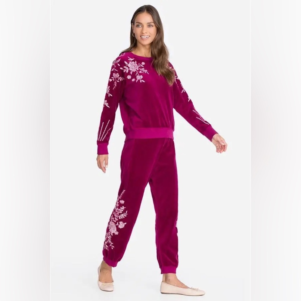 Johnny Was Leona velour set w/ embroidered floral details onsweatshirt & joggers